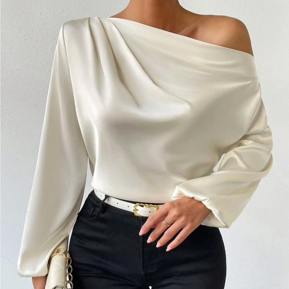 Asymmetrical Neck Lantern Sleeve Top ❤️ - Picture 2 of 5